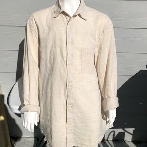 H&M Beige button down. It’s kind of see through. Great for the beach. Medium.